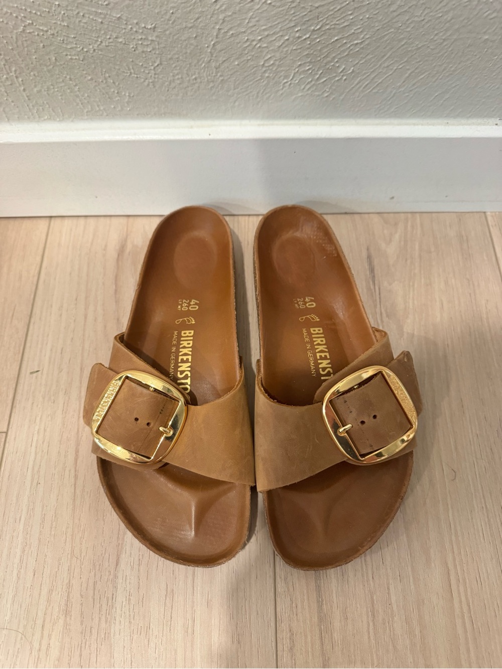 Birkenstock Womens Madrid Slide Sandals in Cognac Brown with Gold Buckles
